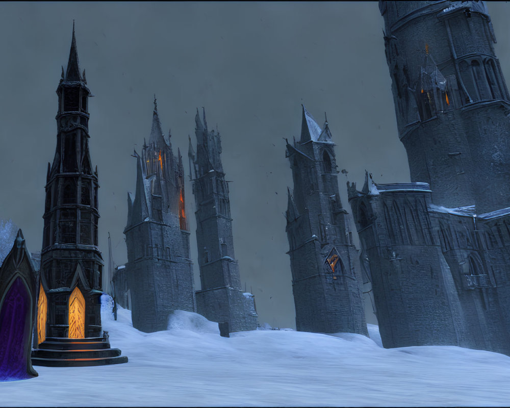 Snowy Gothic Castles in Twilight Sky with Glowing Purple Portal