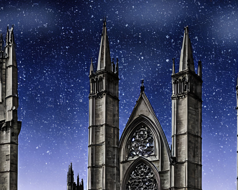 Gothic Cathedral Spires Under Starry Night Sky