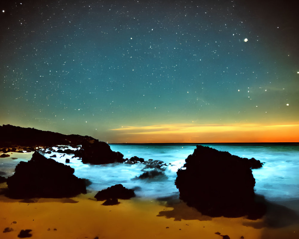 Serene beach scene with starry night sky and warm sunset glow