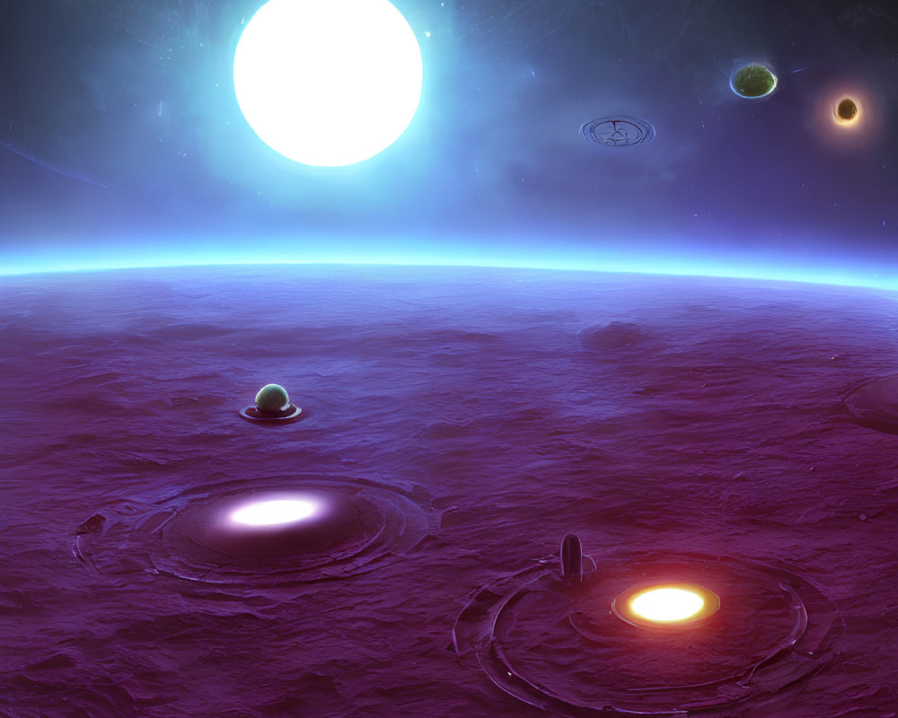 Purple Alien Planet Landscape with Glowing Craters and Moons