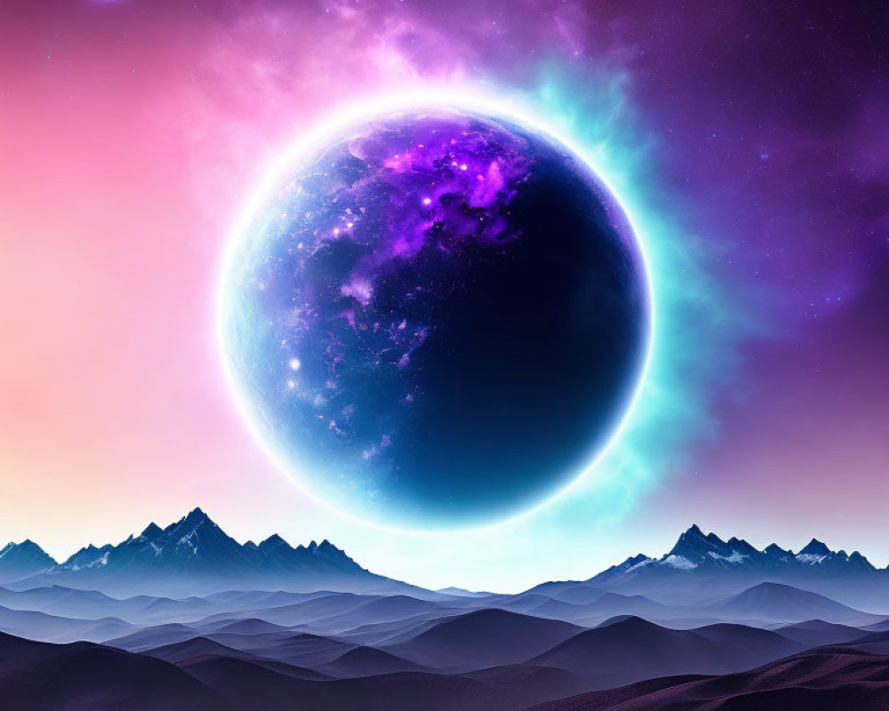 Vibrant planet over purple mountains in surreal landscape