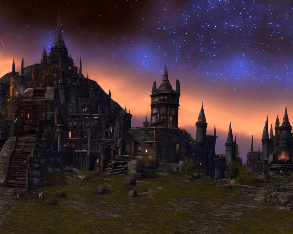 Fantasy medieval castle under starry night sky with moon, orange dusk horizon.