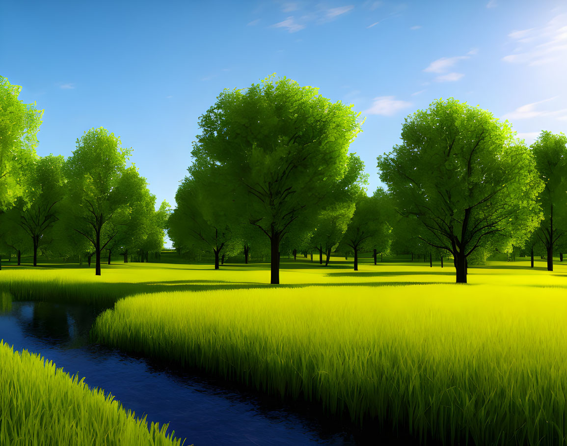 Lush green landscape with flowing river and blue sky