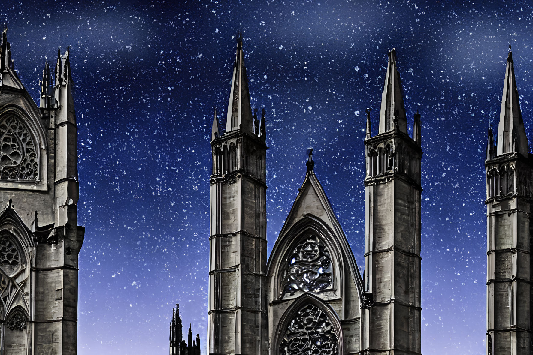 Gothic Cathedral Spires Under Starry Night Sky
