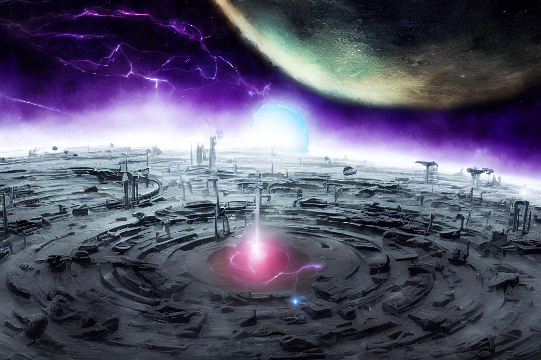 Futuristic alien landscape with glowing energy core and cosmic sky