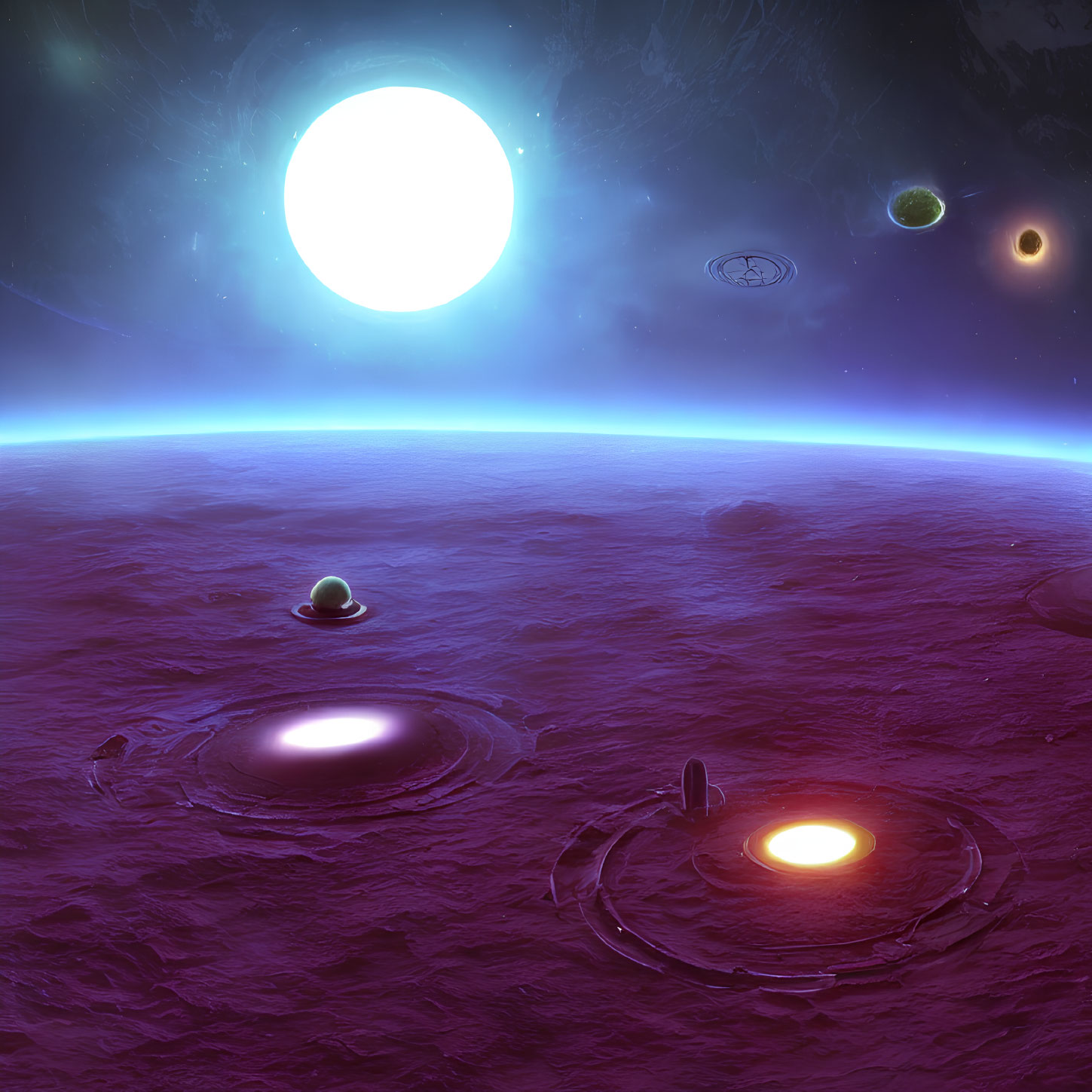 Purple Alien Planet Landscape with Glowing Craters and Moons