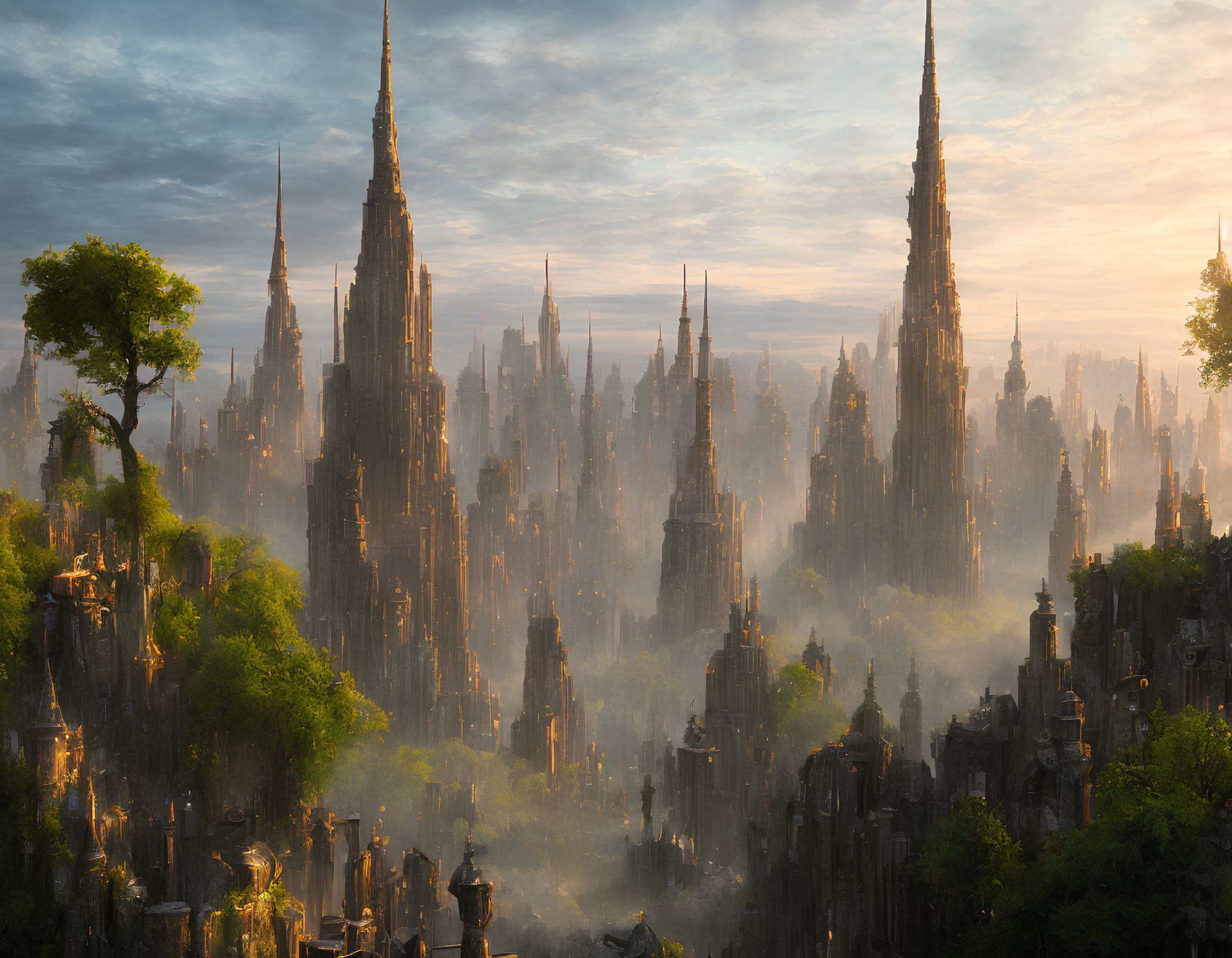 Ethereal cityscape with golden light, towering spires, verdant foliage, and floating mist