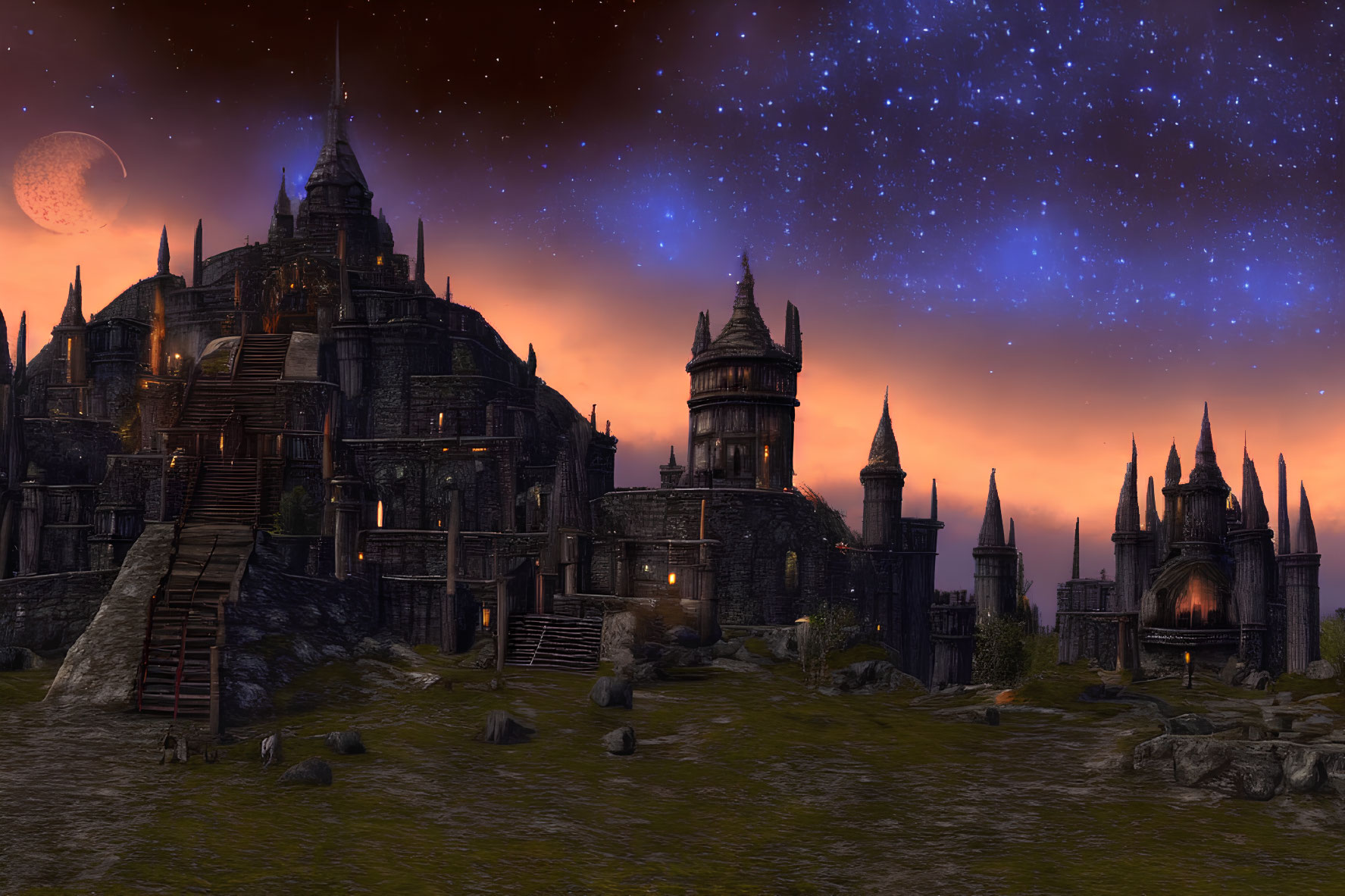 Fantasy medieval castle under starry night sky with moon, orange dusk horizon.