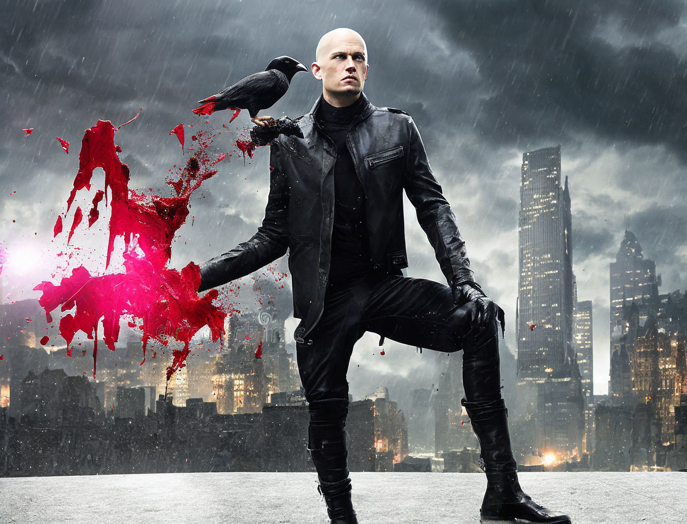 Bald Man in Black Leather with Raven under Stormy Sky