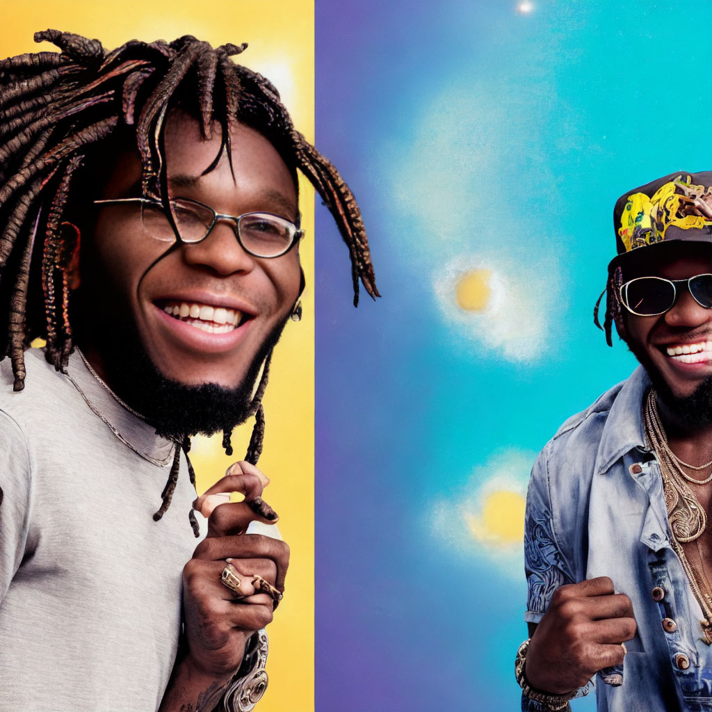 Smiling people with dreadlocks and sunglasses on colorful background