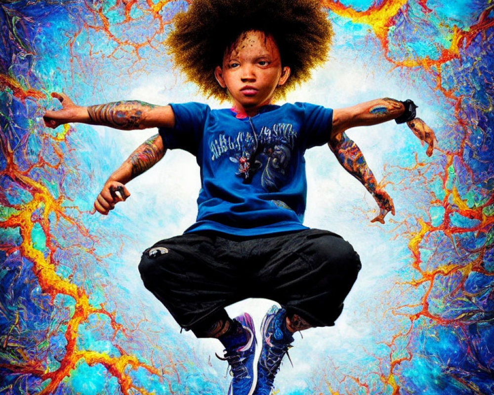 Person with Afro and Tattoos Levitating Against Psychedelic Background