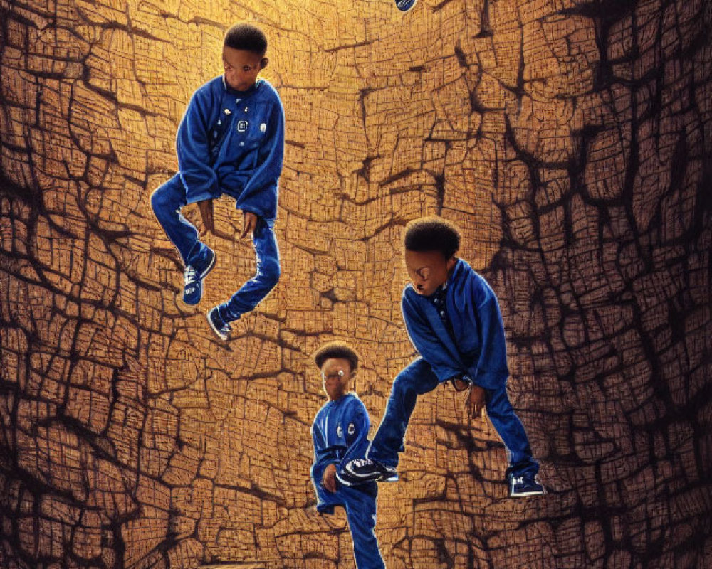 Boy in Blue Tracksuit Jumping: Four Dynamic Poses on Cracked Earth