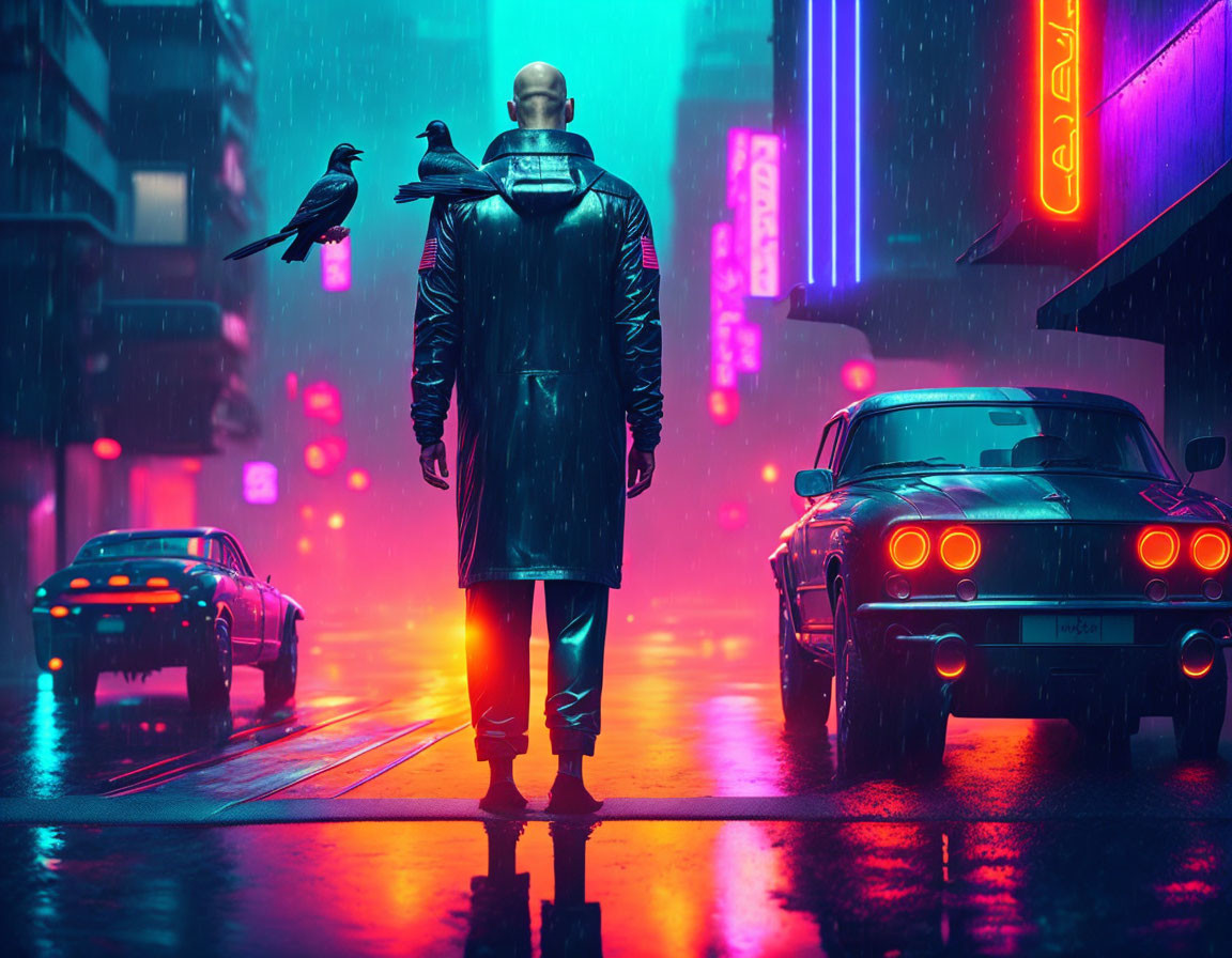 Bald man in long coat with crows on neon-lit rainy street