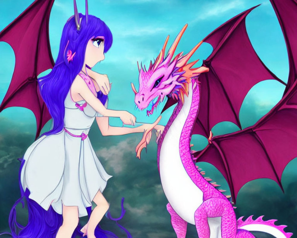 Purple-haired woman in white dress with pink dragon under blue sky