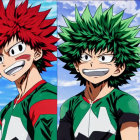 Split Image: Red and Green Animated Characters in Hero Costumes