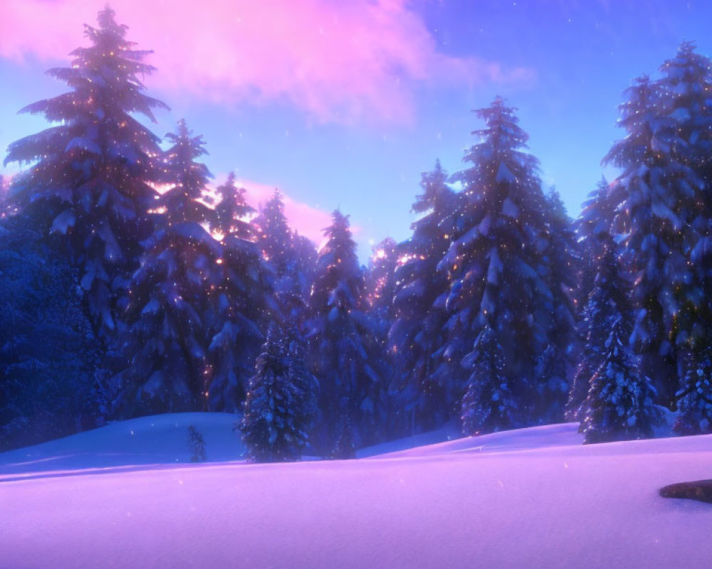 Snow-covered pine trees under purple and pink dusk sky - serene winter scene