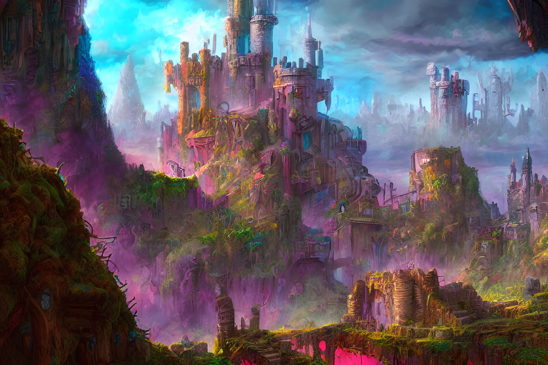 Fantasy landscape with towering castles and pinkish sky