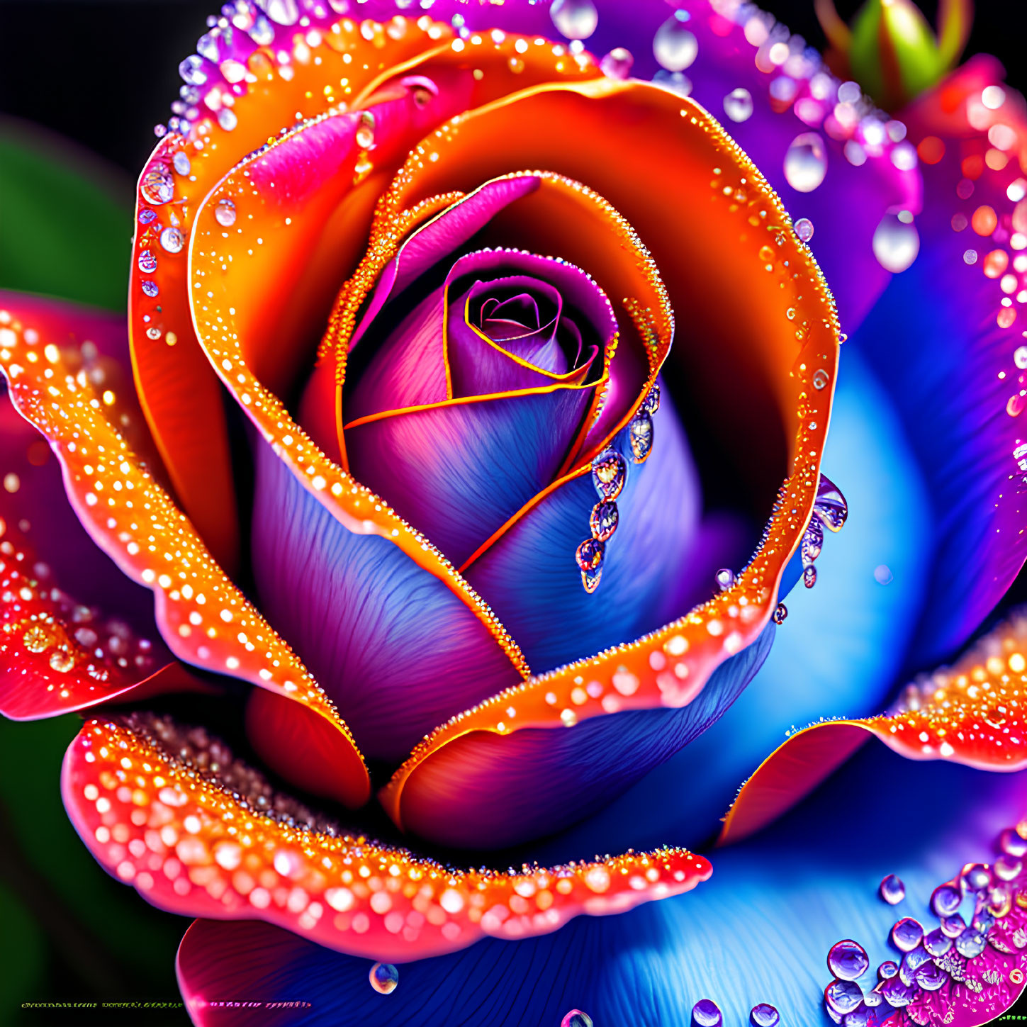 Colorful Rose with Dewdrops on Dark Background