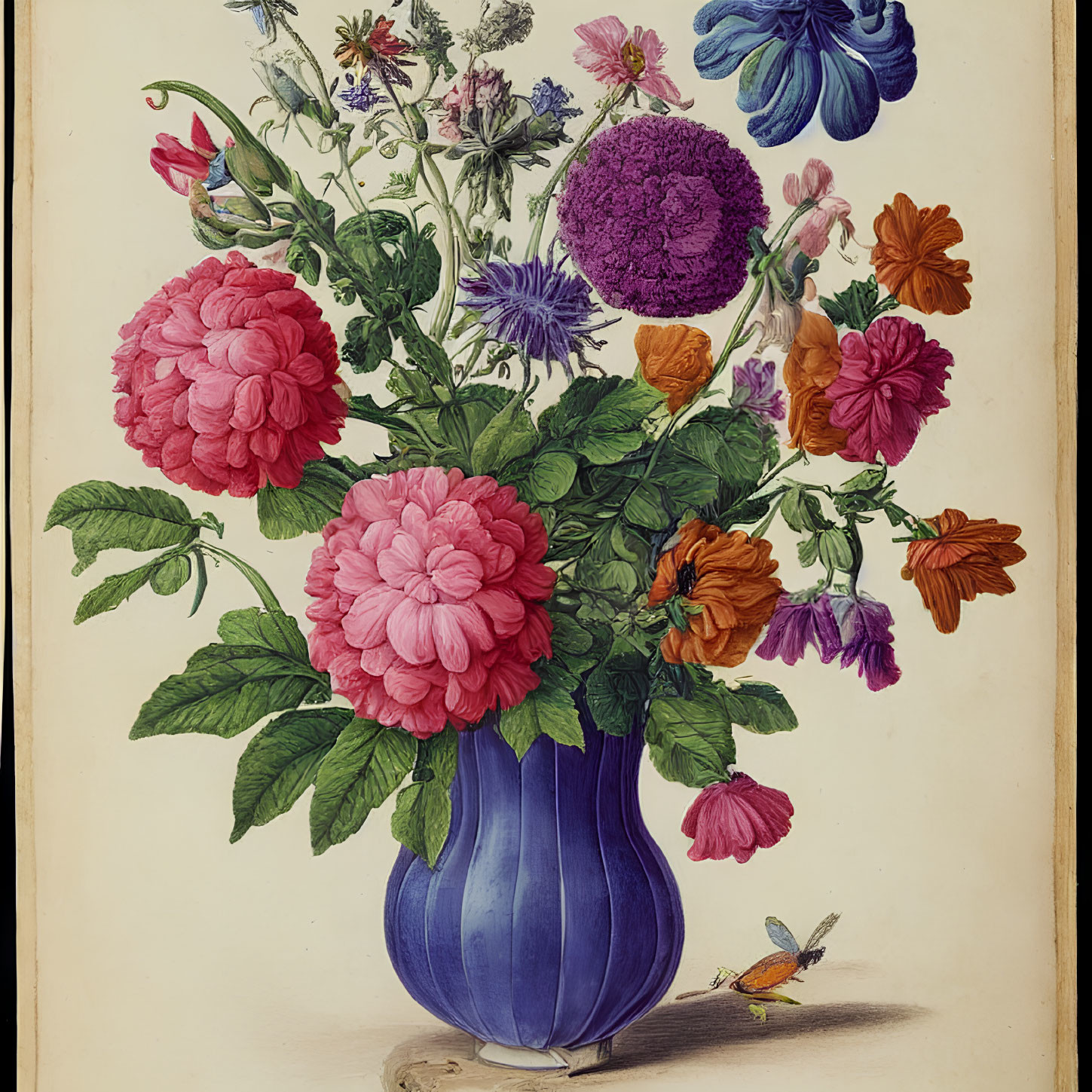 Colorful vintage illustration: Blue vase, flowers, bird