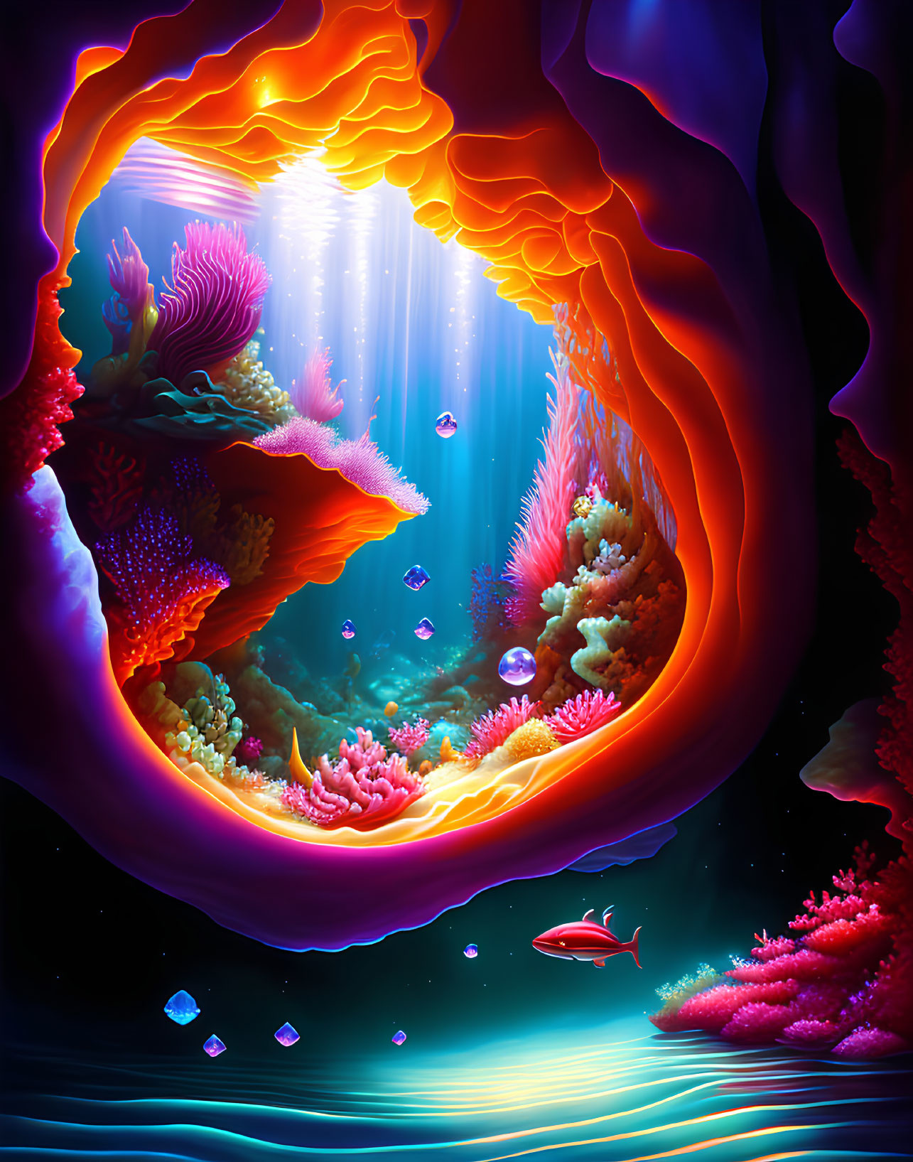 Colorful Underwater Landscape with Corals, Fish, and Light Rays