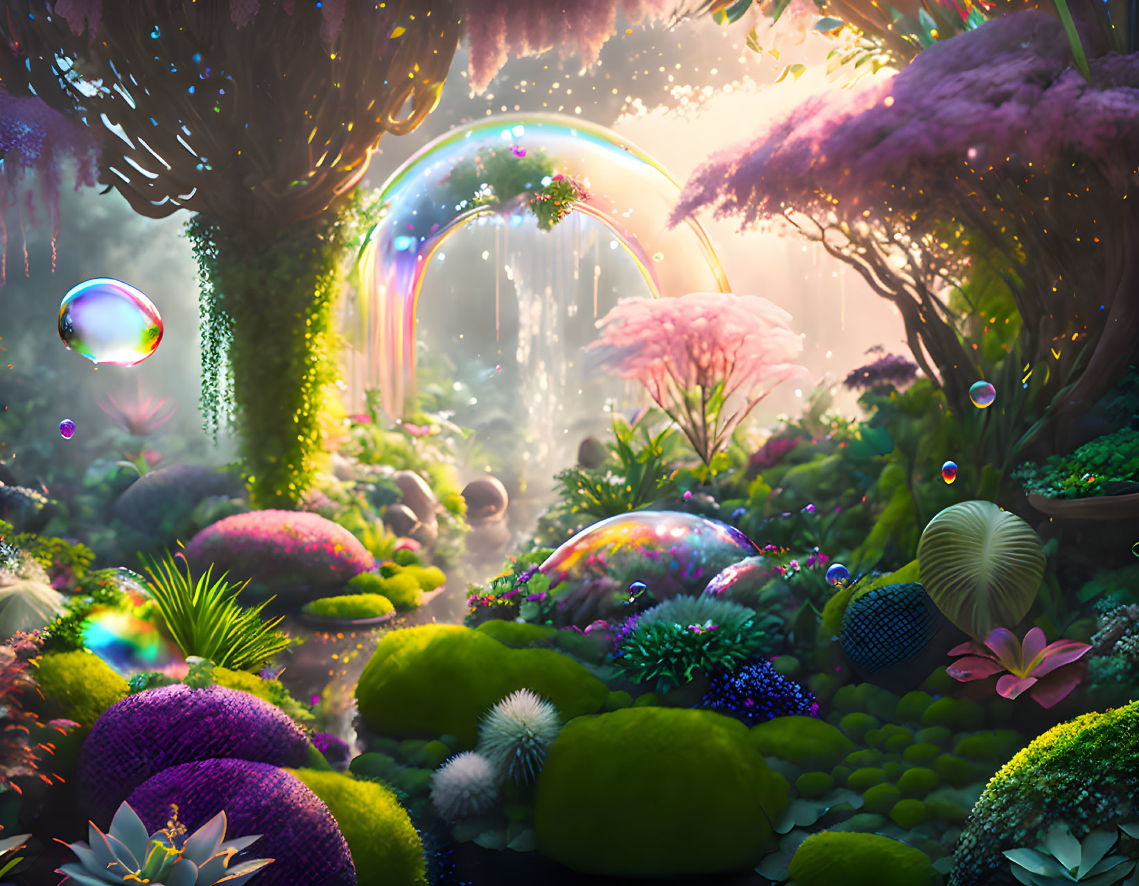 Colorful Fantasy Forest with Rainbow, Glowing Plants, Mushrooms, and Bubbles