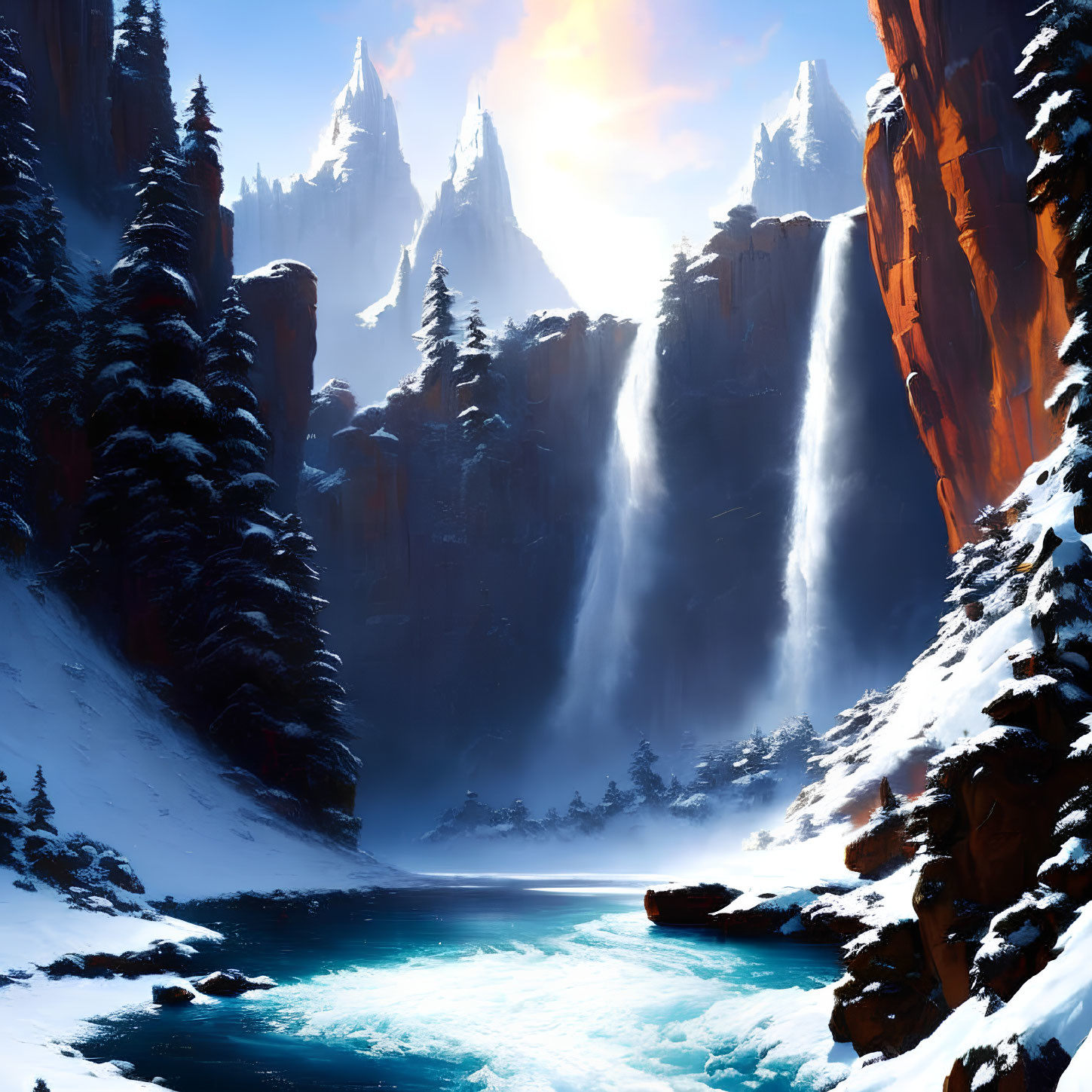 Snowy Landscape with River and Sunlit Cliffs: Serene Winter Scene