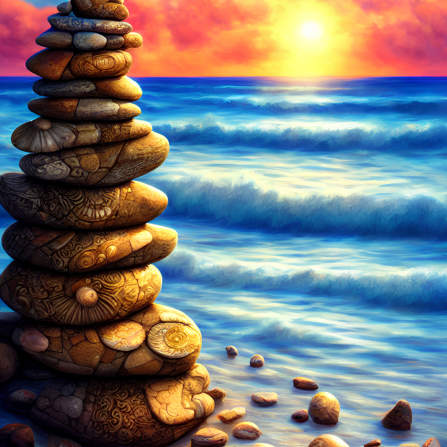 Intricately patterned rock stack against vibrant sunset and ocean waves