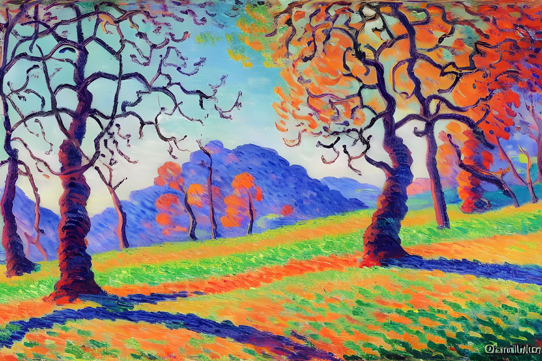 Colorful landscape painting with stylized autumn trees, green hills, and blue mountains.