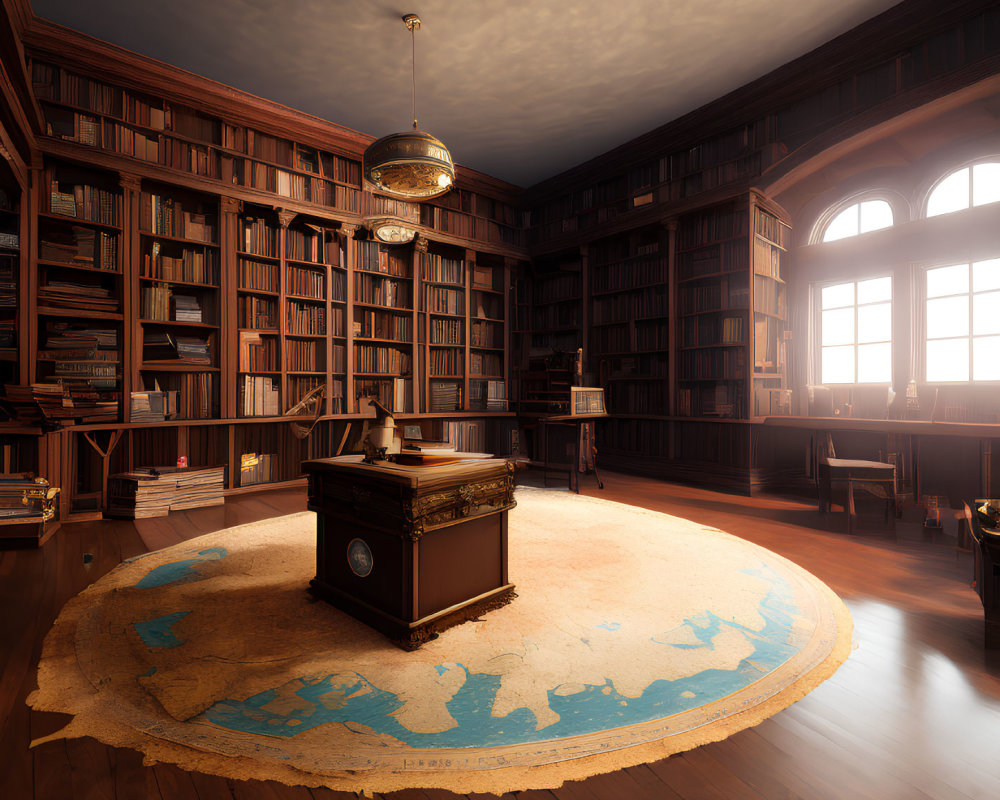 Traditional library with wooden bookshelves, large desk, world map rug, hanging globe light