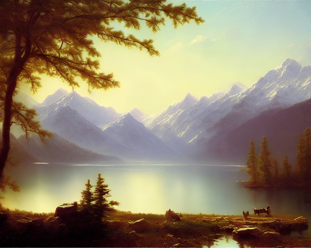 Tranquil lake, sunlit mountains, lush trees, deer by water