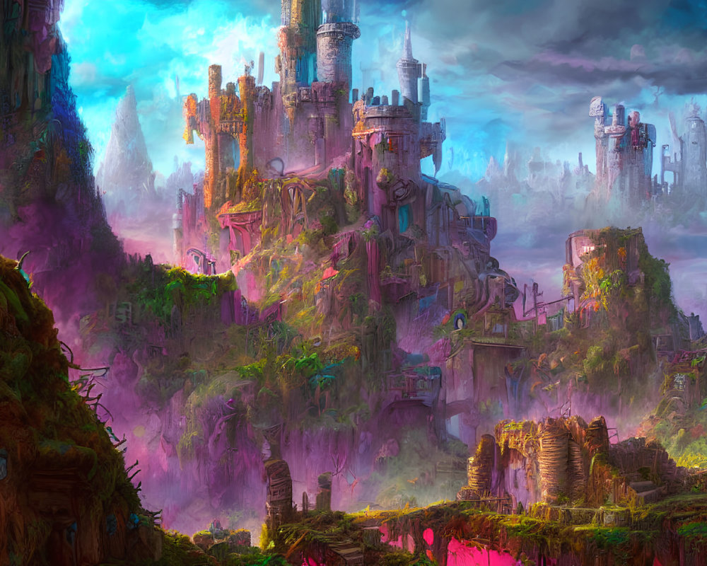 Fantasy landscape with towering castles and pinkish sky