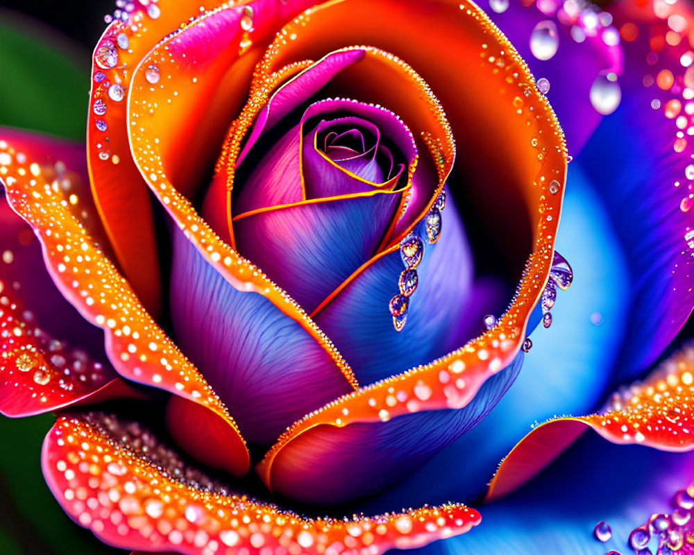Colorful Rose with Dewdrops on Dark Background