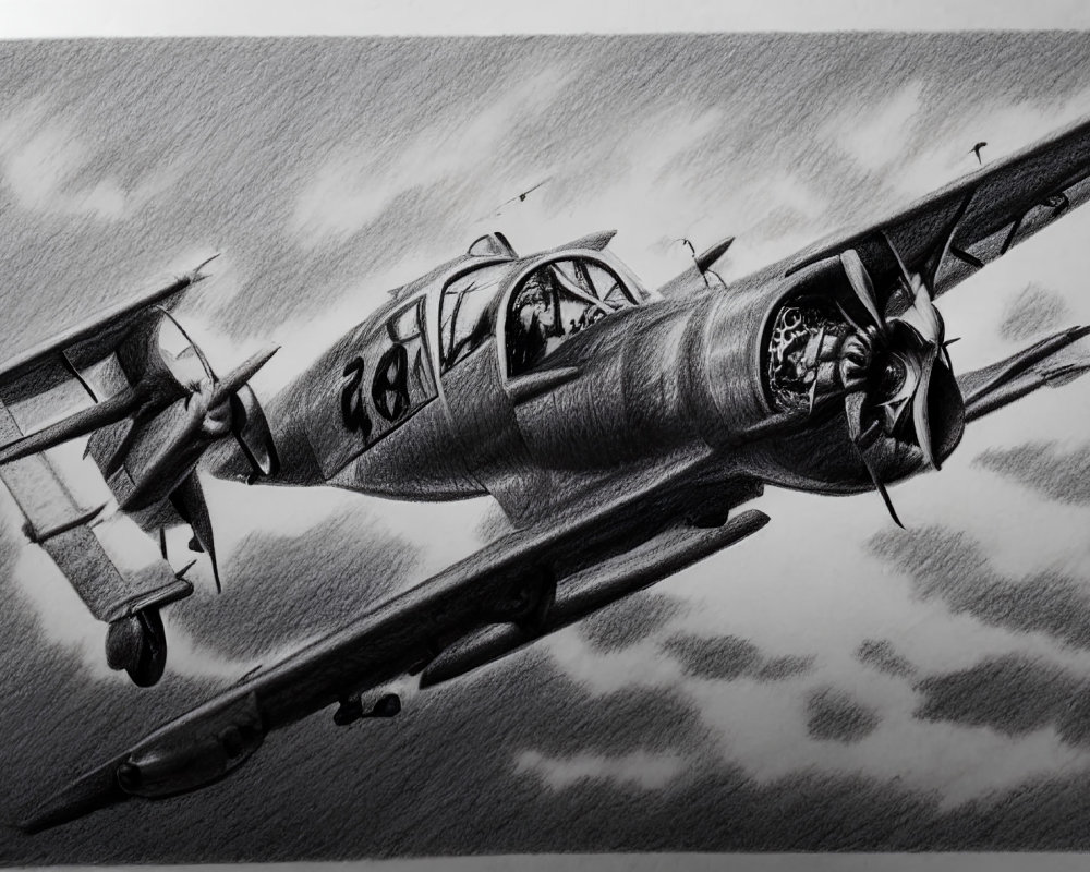 Detailed pencil drawing of vintage aircraft in mid-flight with dynamic shading against cloudy sky