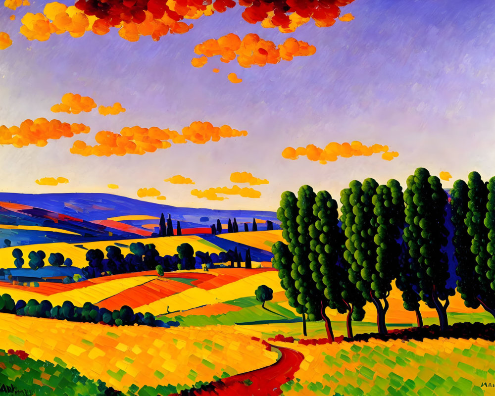 Colorful landscape painting with rolling hills, winding path, green trees, orange clouds.
