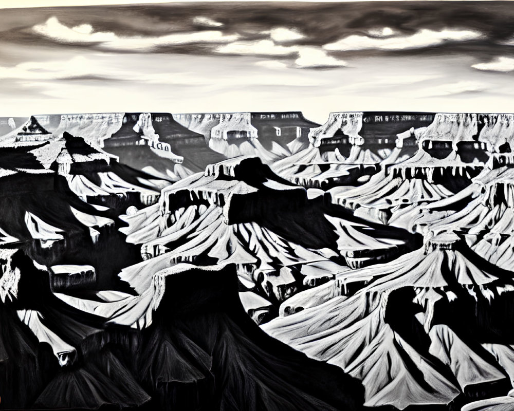 Monochrome illustration of hand holding canyon against cloudy sky