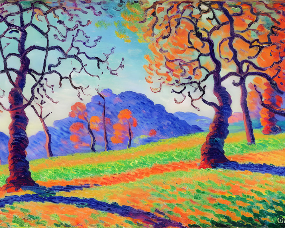Colorful landscape painting with stylized autumn trees, green hills, and blue mountains.