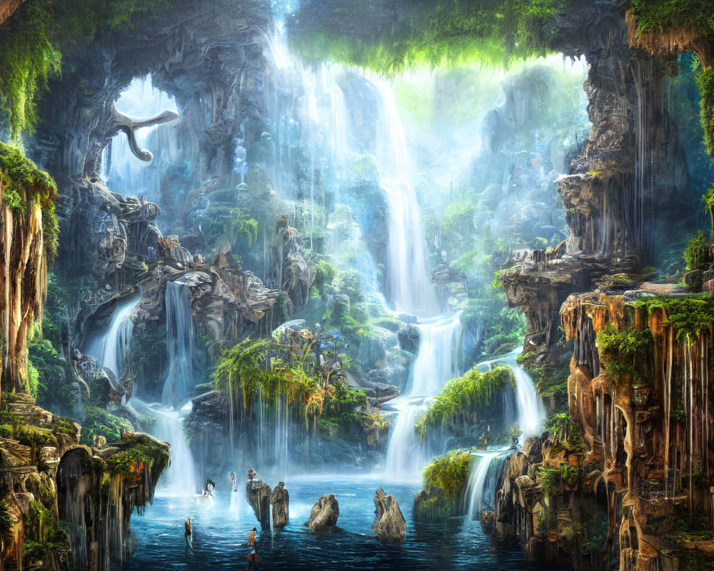 Mystical Waterfall Paradise Amid Lush Foliage