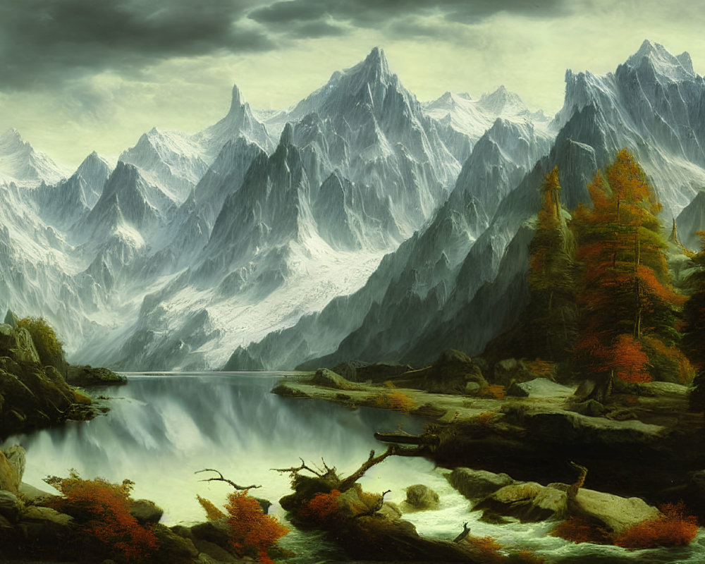 Serene fall landscape with lake, mountains, and autumn trees