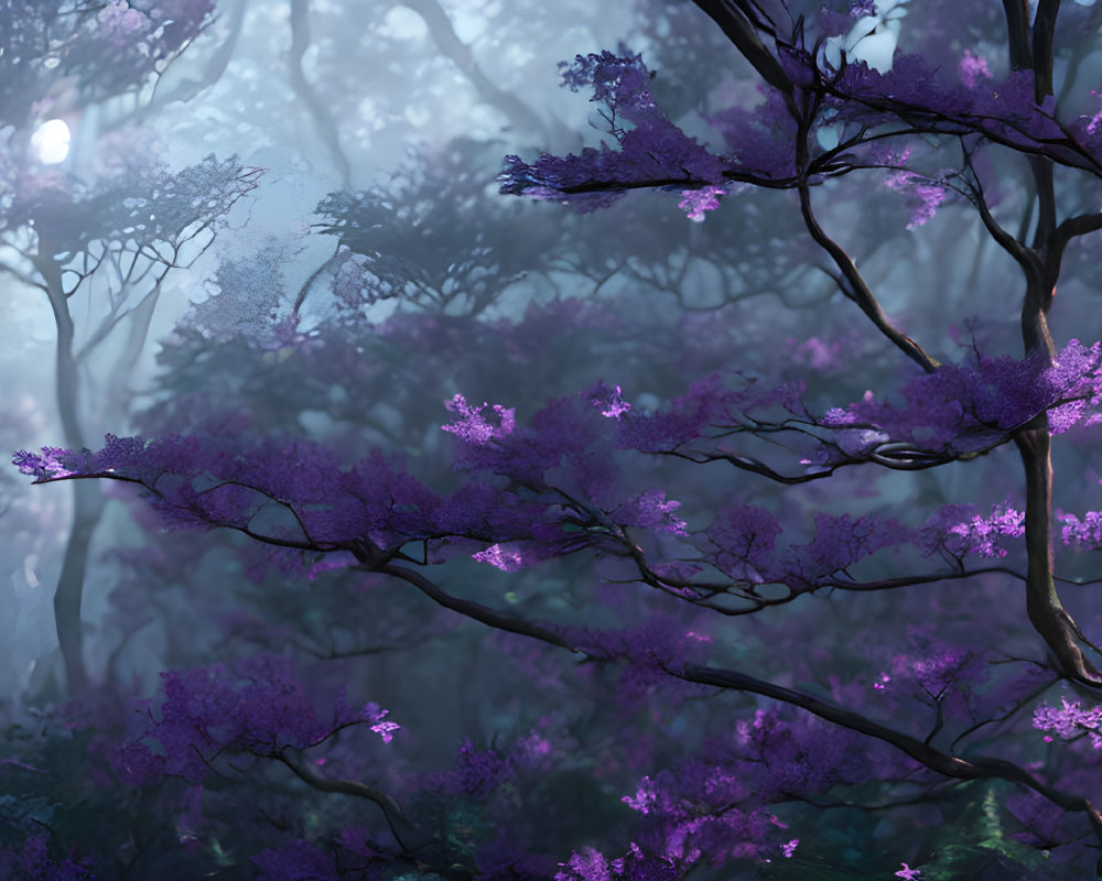 Mystical forest with purple-leafed trees in dense fog