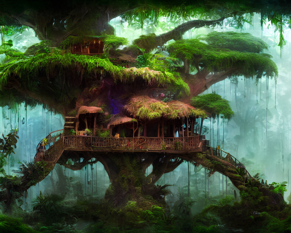 Enchanting treehouse with thatched roofs in foggy forest