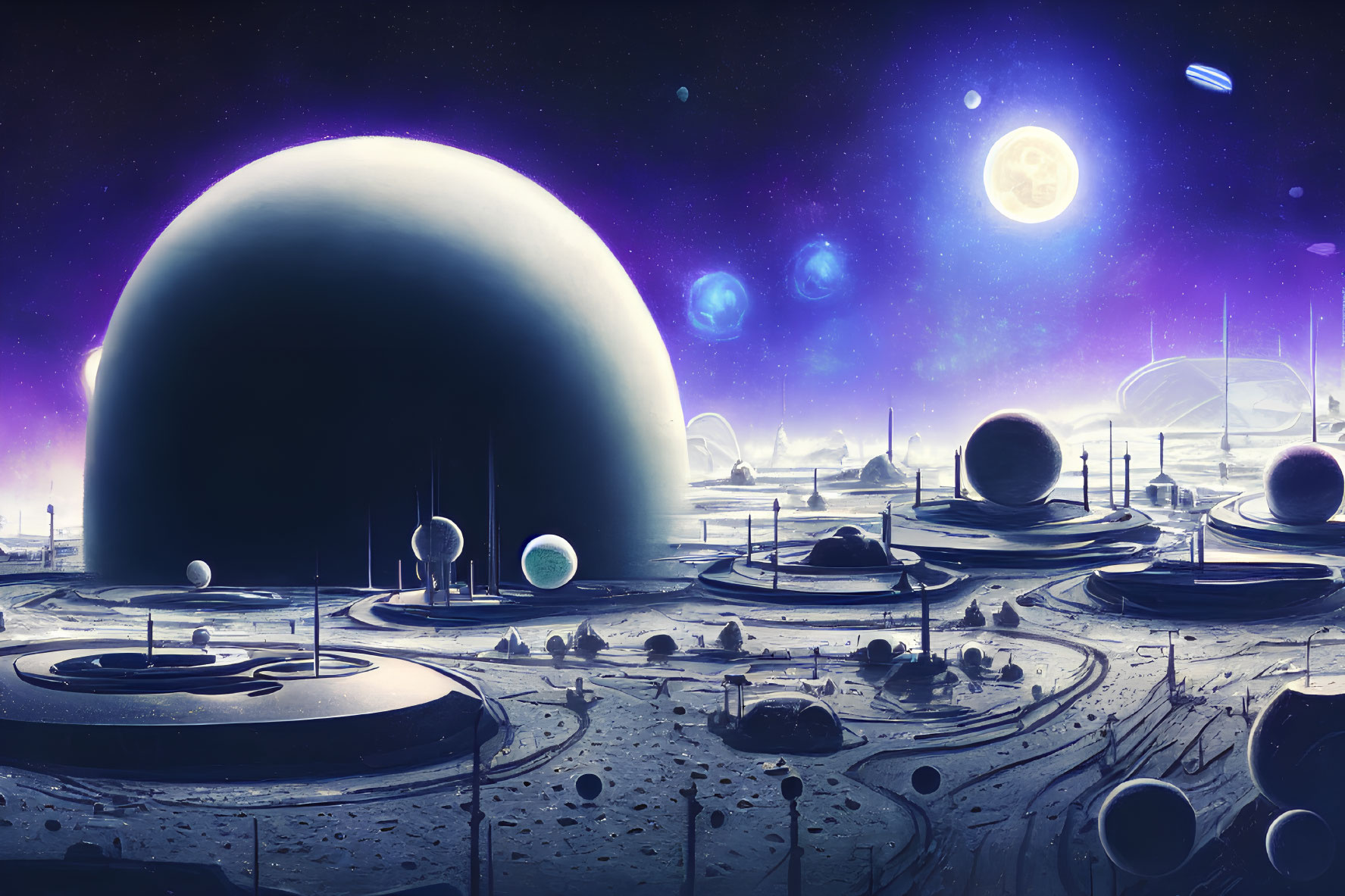 Futuristic space scene with planet, moons, stars, and settlement.