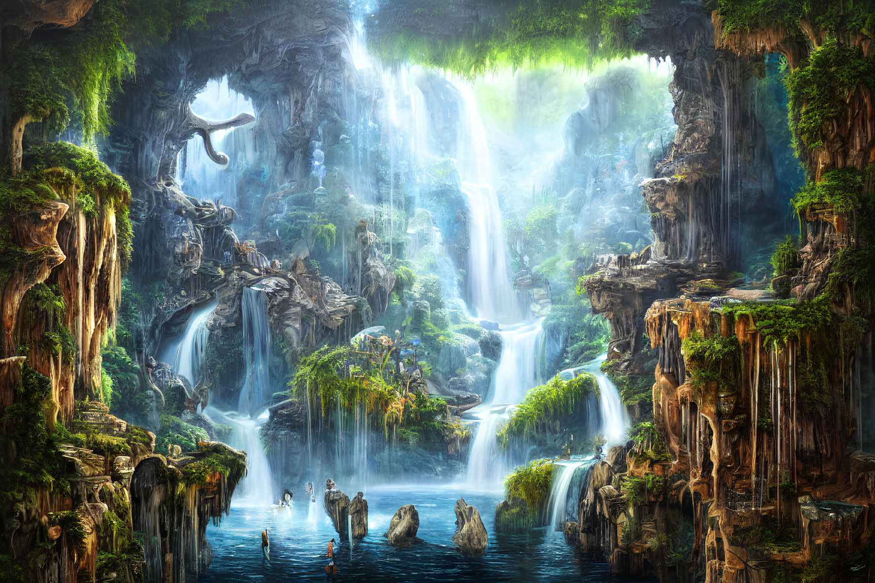Mystical Waterfall Paradise Amid Lush Foliage