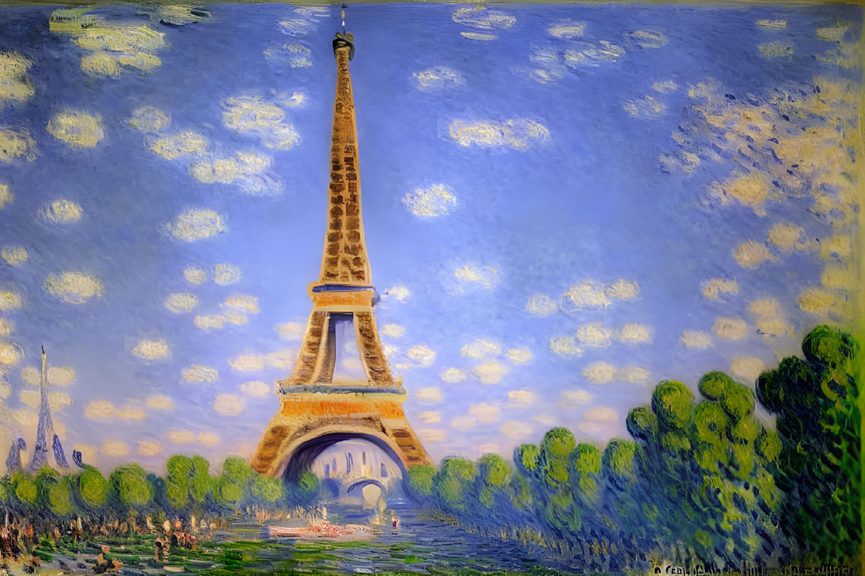 Eiffel Tower painting in Impressionist style with blue sky and greenery