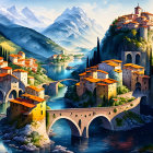Vibrant village with terra-cotta roofs, stone bridge, lush hills & snow-capped mountains