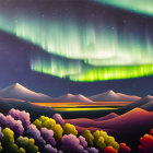 Colorful aurora borealis over snow-capped mountains and lush foliage at night