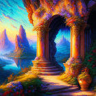 Vibrant sunrise over ancient ruins with lush stairway