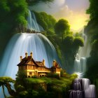 Traditional house on cascading waterfall in lush greenery