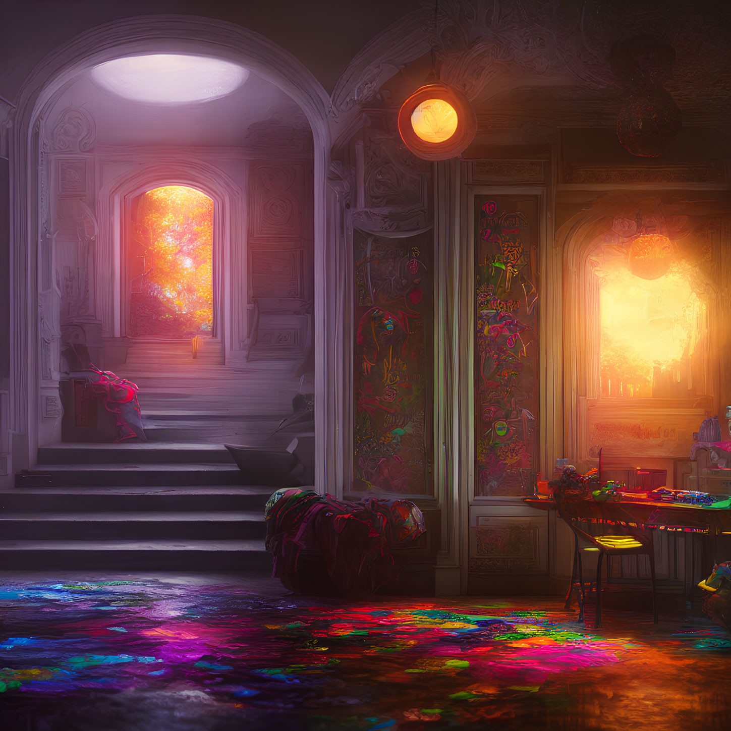 Colorful Graffiti Room with Art Supplies and Glowing Window