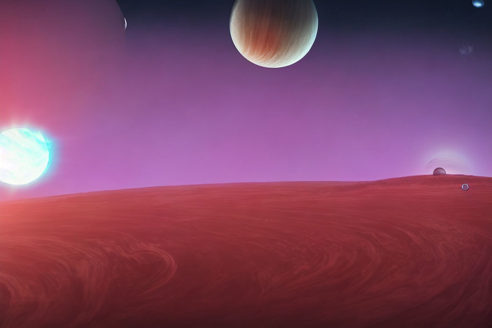 Surreal sci-fi landscape with red ground, planets in pink sky