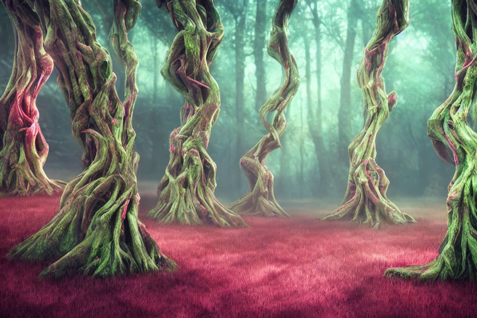 Enchanting forest scene with twisted moss-covered trees and vibrant red foliage in hazy ambiance